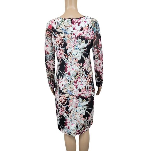 L'AGENCE Silk Floral Midi Dress with Mesh Long Sleeves Black Women's Size 8 - Picture 3 of 12
